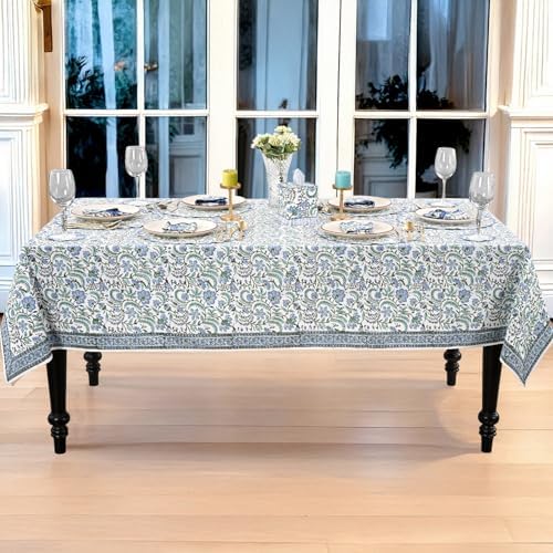 Ridhi Columbia Blue Block Print Cotton Rectangle Table Cloth, 54x54 inch - Image 7