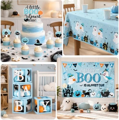 Blue Halloween Baby Shower Decorations Boy, All-in-1 A Little Boo is Almost Due Baby Shower Decorations with Balloon Arch Kit Baby Boxes Plates Napkins Cake Toppers Tablecloth Backdrop Spooky Decor - Image 7
