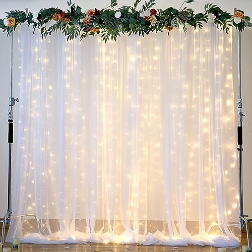 10×12ft White Tulle Backdrop Curtain with Lights String for Parites Sheer Fabric Backdrop Curtains White Curtain Backdrop for Wedding Baby Shower Birthday Party Bridal Shower Photo Shoot Background by Suppromo