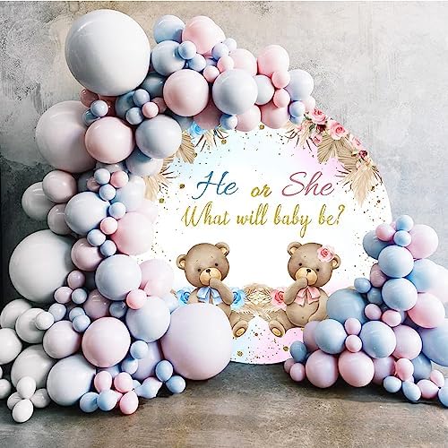 AOFOTO 7x7ft Bear Round Backdrop Cover Cute Bear Floral Printed Photography Background He or She What Will Baby Be Blue Pink Circle Arch Backdrop Banner Gender Reveal Baby Shower Party Supplies - Image 5