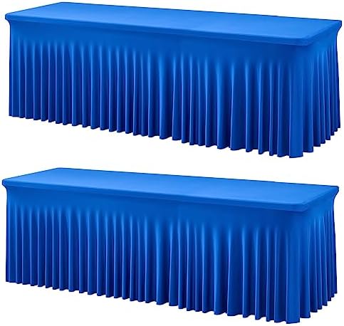 2 Pack Royal Blue Spandex Table Clothes for 8 Foot Rectangle Tables, Wrinkle Free Fitted Table Cover 8ft Stretch Tablecloths with Skirt for Parties Weddings Birthday Banquet Baby Shower by Htper