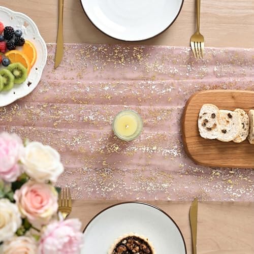 Artoid Mode 6PC Gold Gauze Pink Table Runner 120 Inch 10FT, Glitter Metallic Foil Sheer Dining Wedding Anniversary Holiday Birthday Table Decor for Home Party - Image 3