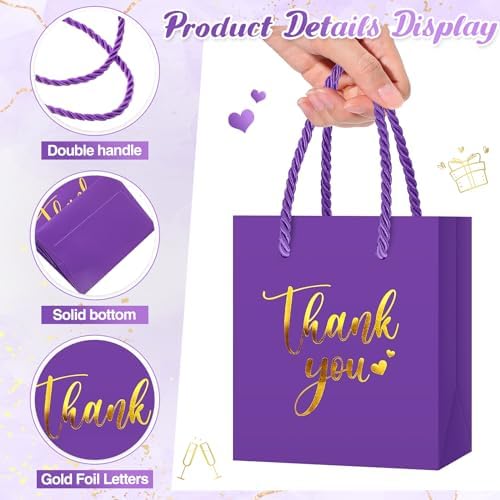 Honoson 60 Pcs Mini Thank You Gift Bag with Handle Bulk,Purple - Image 3