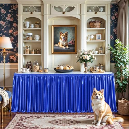 21ft Length Royal Blue Satin Table Skirt for Rectangle Tables, Wrinkle Resistant Pleated Ruffle Table Cloth Glitter Desk Skirting for Weddings Banquet Birthday Party Stage Decorations - Image 7