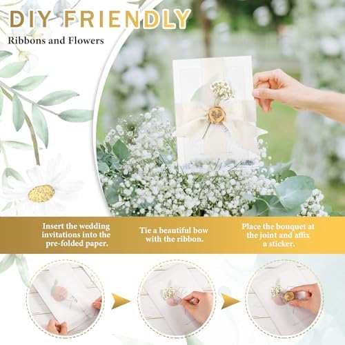 Fuyoooo 100 Set Wedding Invitations Wraps Set, Classic Style, Beige, Gold - Image 3