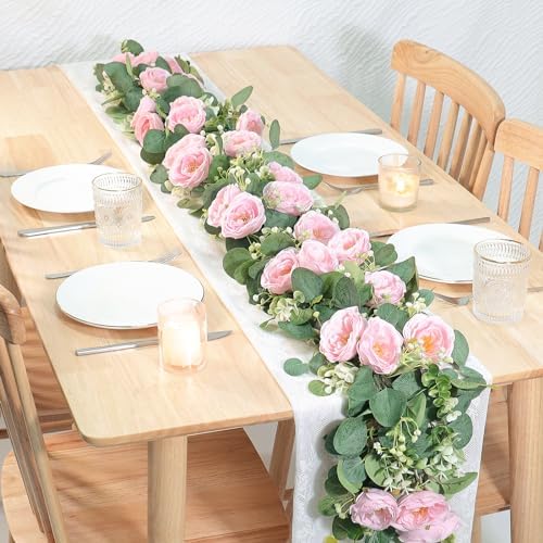 TOCHGREEN 4 Pack Artificial Eucalyptus Flower Garland with Pink Roses - Image 4