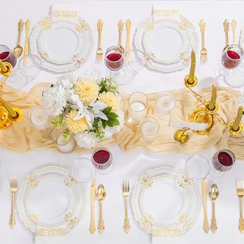Ciaell 175 Piece White and Gold Plastic Plates for Weddings Parties - Image 3