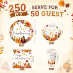 Pickmesh 250 Pcs Happy Friendsgiving Party Decorations Give Thanks Paper Plates Napkins and Cups Fall Pumpkin Disposable Tableware Set for Autumn Harvest Thanksgiving Farmhouse Party Supplies Serve 50 - Image 2