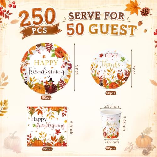 Pickmesh 250 Pcs Happy Friendsgiving Party Decorations Give Thanks Paper Plates Napkins and Cups Fall Pumpkin Disposable Tableware Set for Autumn Harvest Thanksgiving Farmhouse Party Supplies Serve 50 - Image 2