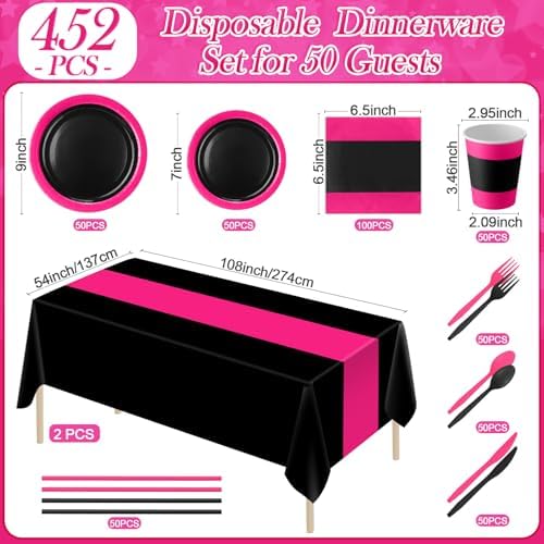 Funnymoom 452 Pcs Hot Pink and Black Party Decoration Supply for 50 Guest - Image 3