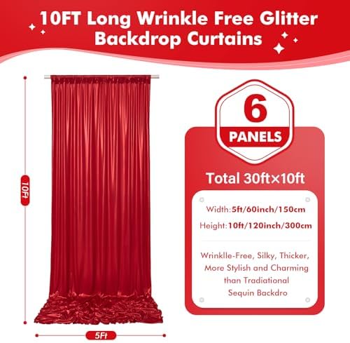 30x10ft Shimmer Red Sequin Backdrop Curtain for Parties, Thick Wrinkle Free Glitter Backdrop Drapes Photo Back Drop Curtains for Birthday Wedding Party Photography Background-6 Panels 5x10ft - Image 5