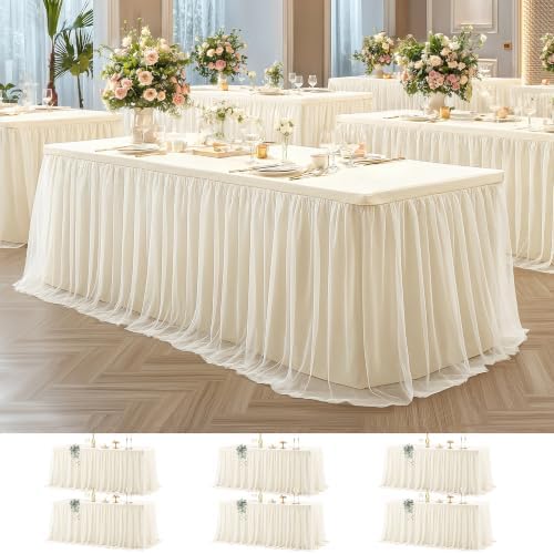 Wish Care 6 Pack Ivory Tulle Tablecloth for 6 Foot Rectangle Tables Stretch Fitted Rectangular Table Cloths Wrinkle Free Ruffle Table Covers Tutu Skirt for Wedding Birthday Party Baby Shower Cake by WishCare