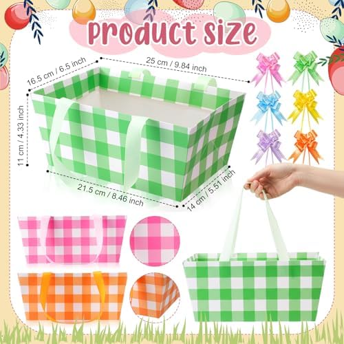 Funnymoom 24 Pcs Basket for Gifts Empty Pastel Plaid Gift Basket Empty to Fill with Handle, Transparent Bag and Bow for Summer Wedding Birthday Tea Party Favor Supply, 9.8x6.5'' - Image 3
