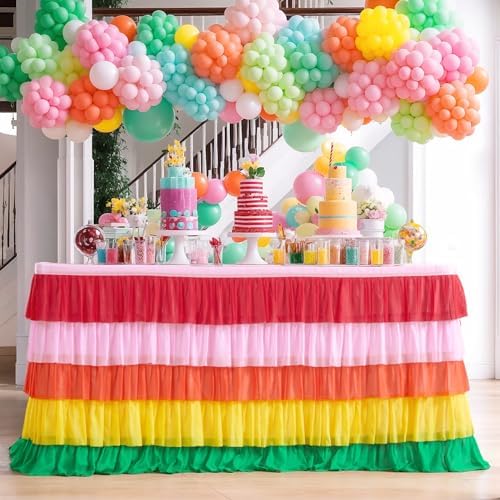 Rainbow Table Skirt Colorful Tutu Tablecloth for 14ft Rectangle Table Birthday Uincorn Indian Party Christmas Decoration by HBBMAGIC