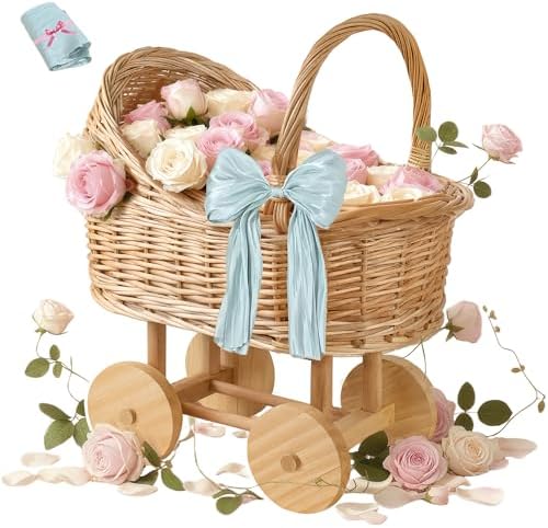 12 Inch Woven rattan baby stroller baskets, vintage rattan flower cart, wicker stroller carriage for baby shower,wedding and gift decorations, pushcart-style decorative flower stands by Unknown