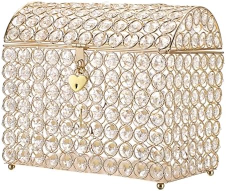 ELLDOO Crystal Wedding Card Box with Heart Lock, Money Card Box Treasure Chest Style Gold Gift for Wedding Receptions Centerpiece Decor Anniversary Keepsake Gift Display Csae, Medium by ELLDOO
