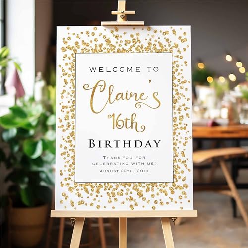Printed Gold Glitter (Not Real Foil) Birthday Celebration Welcome Sign, Personalized Lilac Birthday Party Decorative Sign, Customized Poster Board Canvas by BlissfulMelodyDesign