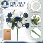 Zeyune 8 Pack Artificial Mini Navy Blue and White Roses 12 Inch Fake Flowers with Stems 80 Small 1.6 Inch Flower Heads Silk Mini Rose Bouquets for Wedding Centerpieces Bridal Bouquets Home Party Decor - Image 2