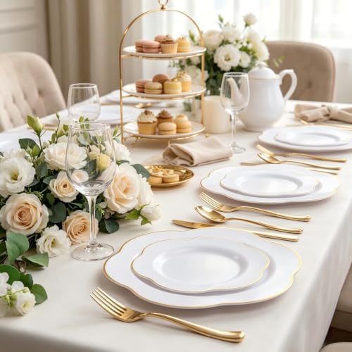 Liacere 50PCS White Plastic Plates - Heavy Duty Disposable - White and Gold Plastic Plates Include 25PCS 7inch and 10inch plates for Party & Baby Shower Gifts - Image 2