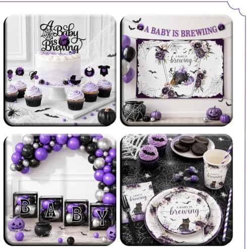 Halloween Baby Shower Decorations 265pcs A Baby Is Brewing Baby Shower Decorations Plates and Napkins Purple Watercolor Flower Coffin Vampire Bat Tableware for Halloween Baby Sprinkle Party Supplies - Image 6