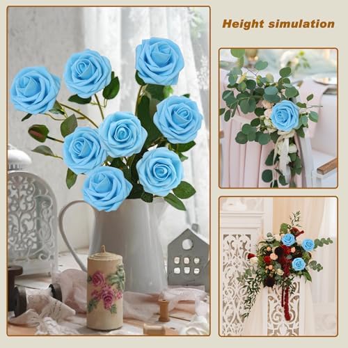 100Pcs Light Blue Artificial Flowers Realistic Roses, Real Looking Fake Roses with Stem for DIY Wedding Bouquets Centerpieces Bridal Shower Party Home Romantic Decorations (Light Blue, 100pcs) - Image 4