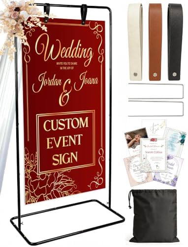OLEEK Adjustable wedding welcome sign stand - Customizable design bundle for linen sign stand - wedding sign holder - welcome wedding sign - wedding signage with 6 Leather Hanging straps by OLEEK