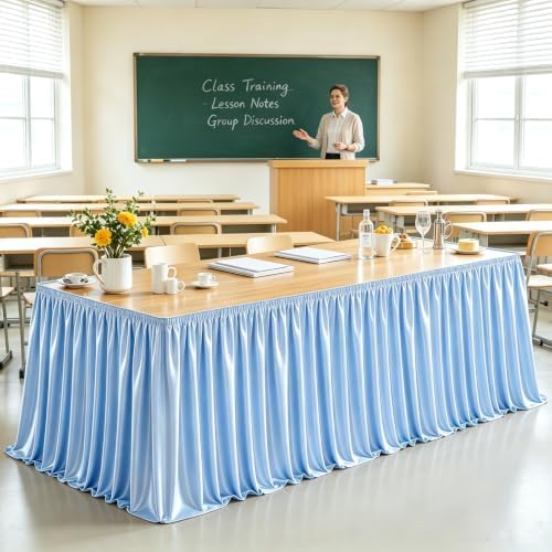 21ft Baby Blue Satin Table Skirt for Rectangle Table Teacher Desk Skirt by PartyTalk