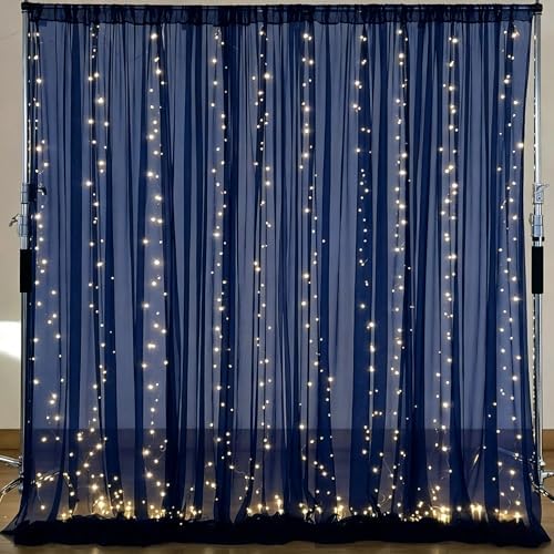 10×10ft Navy Blue Tulle Backdrop Curtain with Lights String for Parties, Sheer Photo Backdrop Curtains for Wedding Party Photography Background by WishCare