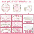 Hushee 200 Pcs a New Silly Goose Baby Shower Party Plates Cup Napkin, Pink - Image 2