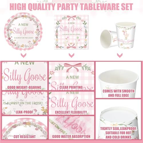 Hushee 200 Pcs a New Silly Goose Baby Shower Party Plates Cup Napkin, Pink - Image 2
