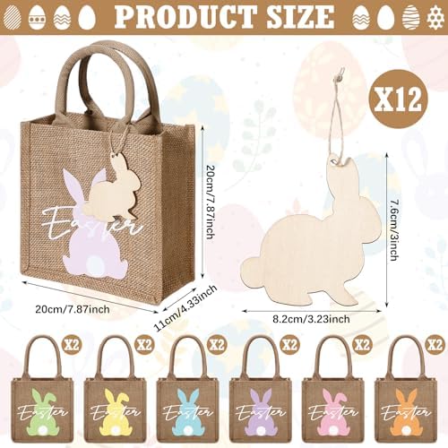 Huhumy 12 Pack Easter Burlap Bags with Tags Jute Bunny Baskets Egg Hunts Candy Gift Goodie Treat Tote Bags for Party Favor Bunny Egg Hunt Gift - Image 2