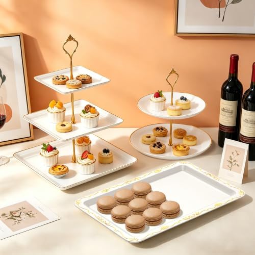 14Pcs Dessert Table Display Set, Cupcake Stand with Gold Metal Rod, 3-Tier Cup Cake Tower Stands, 2-Tiered Serving Trays, Food Platters for Tea Party, Baby Shower, Bridal, Wedding, Birthday, Plastic - Image 5