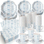 Pickmesh 252 Pcs Blue Bow Floral Tea Party Supplies for 36 Guests Flower Paper Disposable Dinnerware Flower Teacup with Handle and Saucers Set for Tea Party Decorations Birthday Baby Shower Wedding by Pickmesh