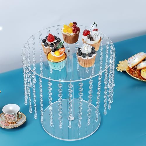 Round Cake Stand - 12 Inch Diameter Acrylic Dessert Display Stand with Crystal Chandelier, Cupcakes Serving Plate for Party Wedding Birthday Festival Event Decorations - Image 3