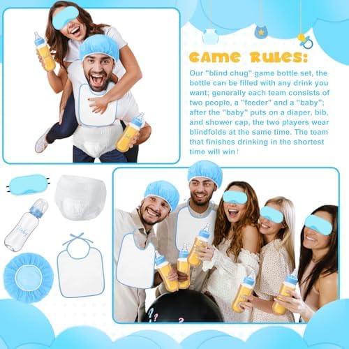 6 Sets Bottle Chug Baby Shower Blind Games Juegos Para Include Plastic Bottles Bibs Hat Eye Mask Disposable Diapers Blindfolded Baby Shower Bottle Games Gender Reveal Decoration (Blue) - Image 4