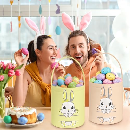 SATINIOR 12 Pack Easter Basket Bulk Easter Bunny Canvas Buckets with Handles Large Personalized Cute Rabbit Tote Bags for Hunt Party Favor Gifts(Pastel Color) - Image 4