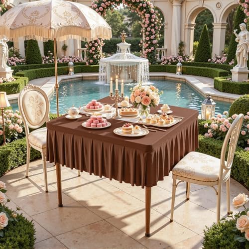 Wish Care 2 Pack Brown Spandex Tablecloths for 34x34 Inch Square Tables, Stretch Fitted Table Clothes with Pleated Ruffle Skirt for 34” Table, Wrinkle Free and Elastic, for Party Kitchen Home Dining - Image 3