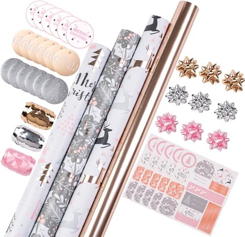 WRAPAHOLIC Christmas Wrapping Paper Set - Rose Gold and Pink Holiday Design with Metallic Foil Shine Wrapping Paper Bundle with Gift Bow & Ribbon & Tag & Sticker by WRAPAHOLIC