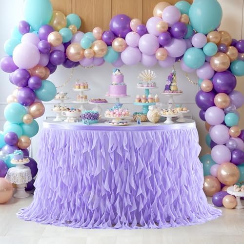 Partisky Lavender Purple Tulle Curly Willow Table Skirt for Rectangle Table 14ft, Ruffle Tutu Table Cloth for Girls Boys Baby Shower,Mermaid Birthday Party - Image 3
