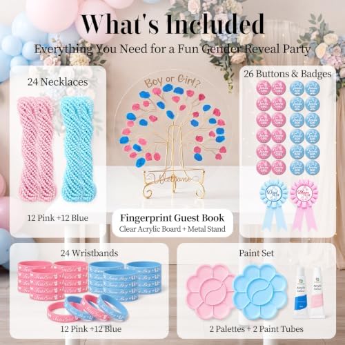 Capoda 80Pcs Baby Gender Reveal Party Favors Kit Boy or Girl Party Supplies Fingerprint Tree Acrylic Sign Team Boy Team Girl Pins Mom Dad Badge Necklaces Silicone Wristbands Decor Supplies Gift - Image 3