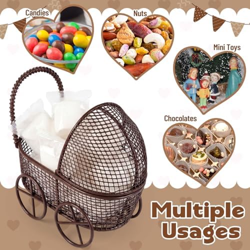 Threehoney 12 Pcs Baby Shower Mini Carriage Decoration Brown Highland Cow Color Metal Wired Fillable Candy Stroller Baby Shower Table Centerpiece for Guest Gender Reveal Wedding Party Favor Gift - Image 3