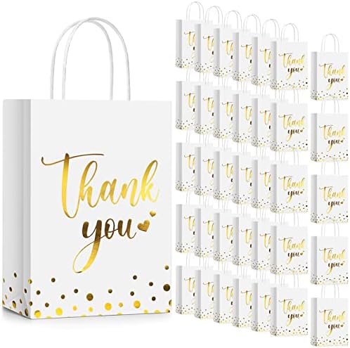 Tinlade 100 Pcs Thank You Gift Bags Bulk Paper Gold Thank You Wedding Bags with Handle for Business, Shopping, Wedding, Baby Shower, Party Favors (White) by Tinlade