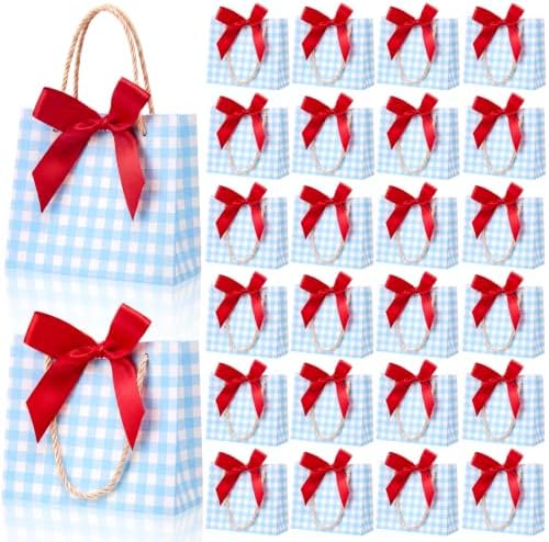 FunooFuno 50 Pack Blue Gingham Gift Bags with Red Bows, Blueberry Party by Unknown