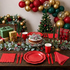 Red Party Supplies for 50 Guests, 350 Pcs Paper Plates and Napkins Set with Cups, Knives, Forks & Spoons, Thickened Decagonal Plates for Christmas Holiday Party Birthday Celebration - Image 3