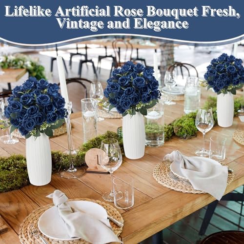 Zeyune 8 Pack 12 Inch Artificial Rose Bouquet, Navy Blue - Image 4