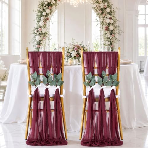 QueenDream Burgundy Chair Sashes Wedding: 16 Pieces Long Sheer Wedding Aisle Chair Decorations Tulle Chairs Covers with Artificial Eucalyptus - Image 7