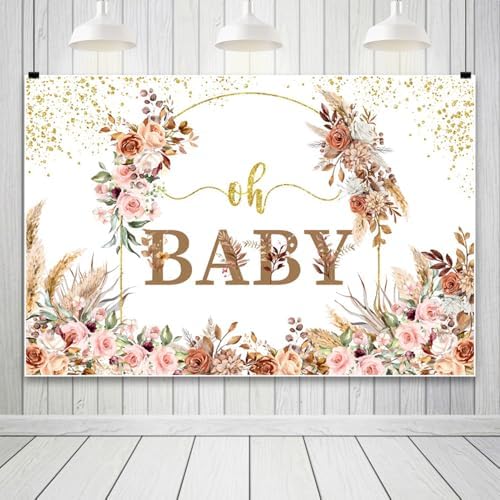 12x8FT Baby Shower Backdrop Oh Baby Sign Boho Pampas Grass Floral Wreath Background for Boys Girls Kids Gender Reveal Party Decorations Family Photo Booth Props - Image 4