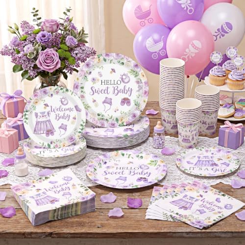 Pickmesh 250 Pcs Purple Floral Baby Girl Shower Disposable Tableware Set Hello Sweet Baby Paper Plates Napkins Cups Cutlery for Gender Reveal Birthday Party Supplies Babies Shower, Serve 50 Guest - Image 4