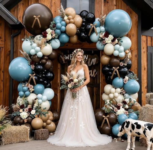 Blue Brown Balloon Garland Double Stuffed Dusty Blue Black Beige Balloons Tan Cream White Balloon Arch Kit With Ribbon Bows for Baby Shower Gender Reveal Wedding Western Birthday Party Decorations - Image 7
