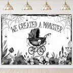 Mocsicka We Created A Monster Backdrop Banner Gothic Skull Spider Web Bat Halloween Monster Baby Shower Party Decorations Photo Booth Props (8x6ft) by Mocsicka